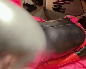 Mistress Puts Vibrator on her Full Rubber Slave