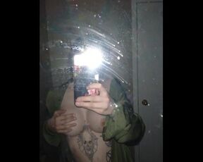 Whore playing with big tits in dirty mirror