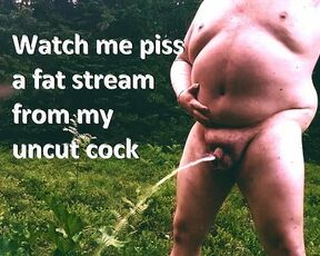 superchub pissing HUGE FAT STREAM of sweet piss, massaging his balls while wife is watchin inside