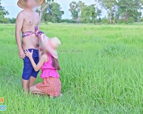 4K Thai Version Cut, Local farmers Thai have sex in the green fields and cums on her back.