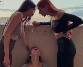 Mistresses Agma And Sofi Spit On Slave-Girl On A Public Balcony - Lezdom Spitting