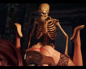 Asian chick fucks skeleton in dungeon