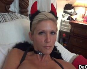 My wife tries her new demon costum and feels horny