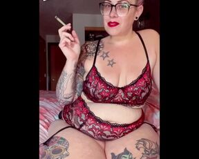 BBW stepmom MILF wake and bake 420 smoking fetish in red and black lingerie